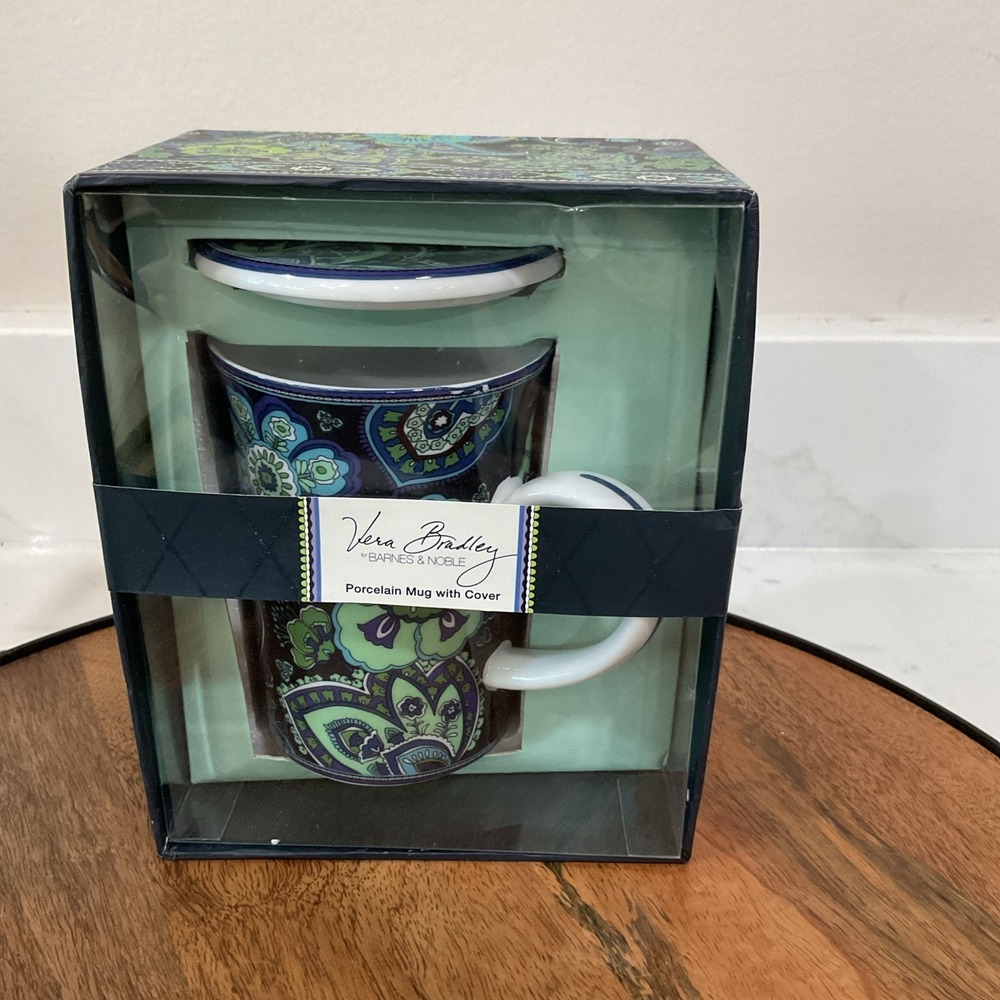 NIB VERA BRADLEY BLUE RHAPSODY COFFEE TEA CUP MUG w/ LID SET 8 Oz Barnes Noble